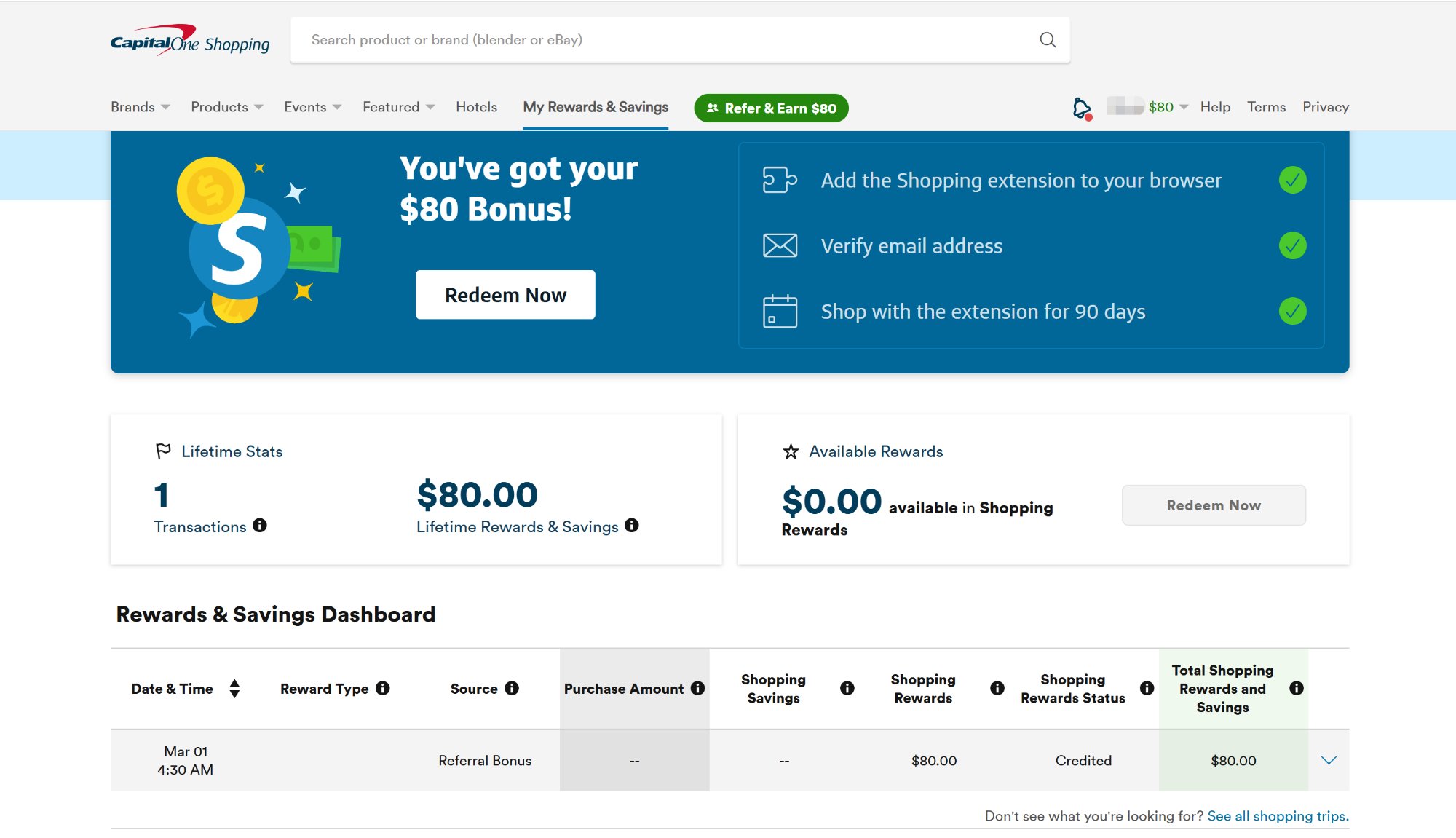 Capital One Shopping dashboard showing $80 Referral Bonus with status Credited