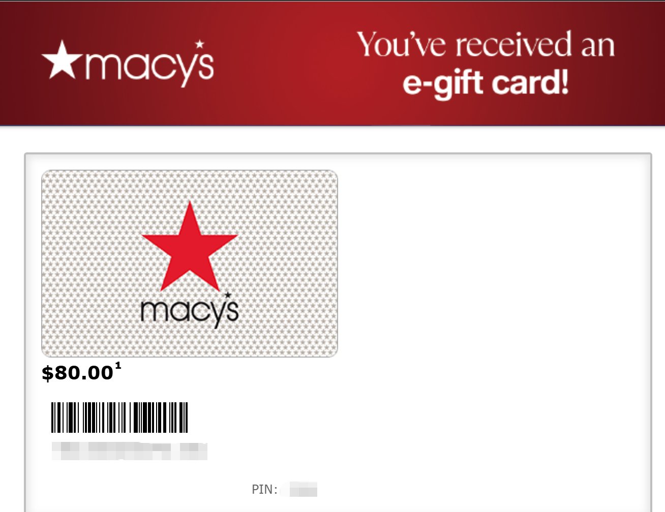 Macy's $80 e-gift card received after redeeming Capital One Shopping reward credits